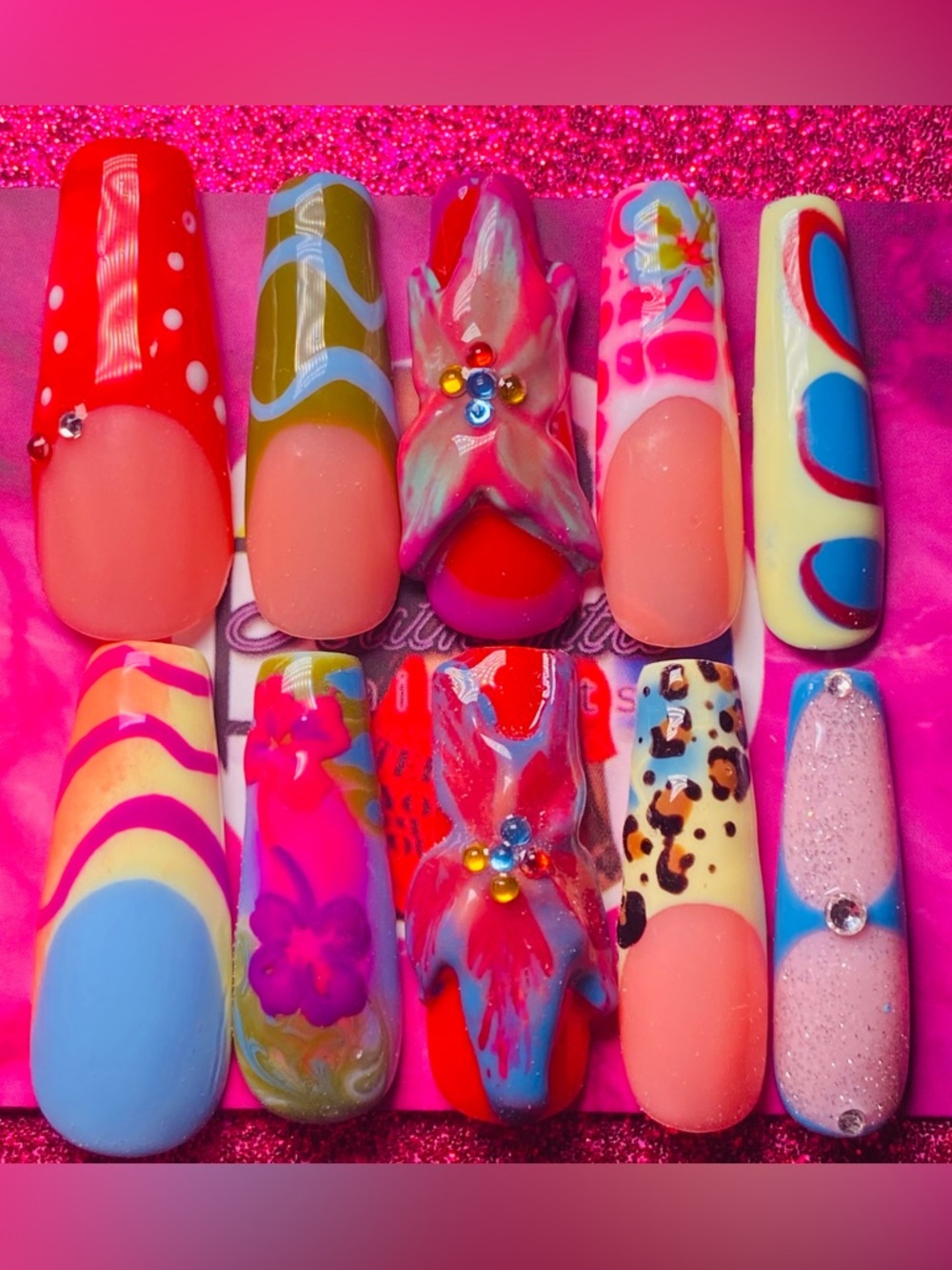 Vibrant Mixed-Design Press-On Nails - Hot Pink Accent